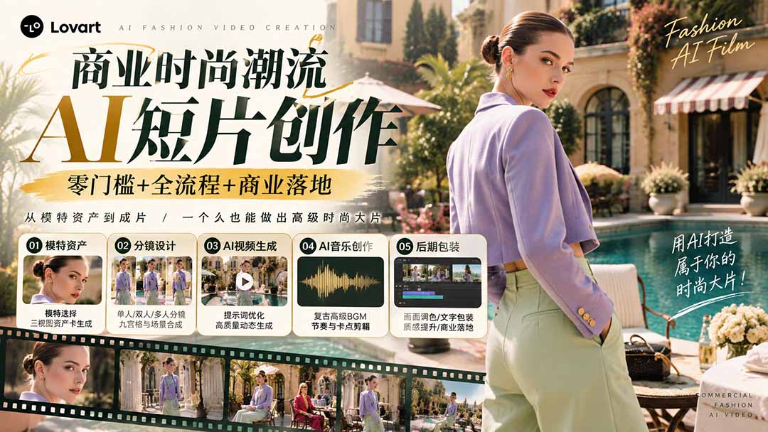 从一张模特图到高级时尚广告大片：AI三视图资产、场景合成、电影分镜、动态生成与复古音乐剪辑实战课-LanTi云网创