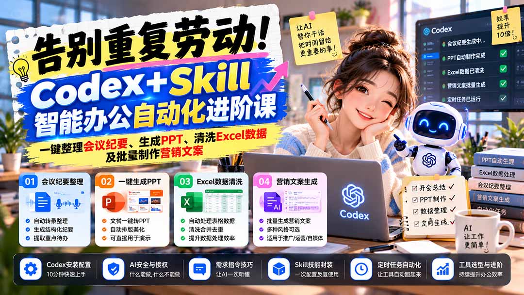 告别重复劳动！Codex+Skill智能办公自动化进阶课：一键整理会议纪要、生成PPT、清洗Excel数据及批量制作营销文案-LanTi云网创