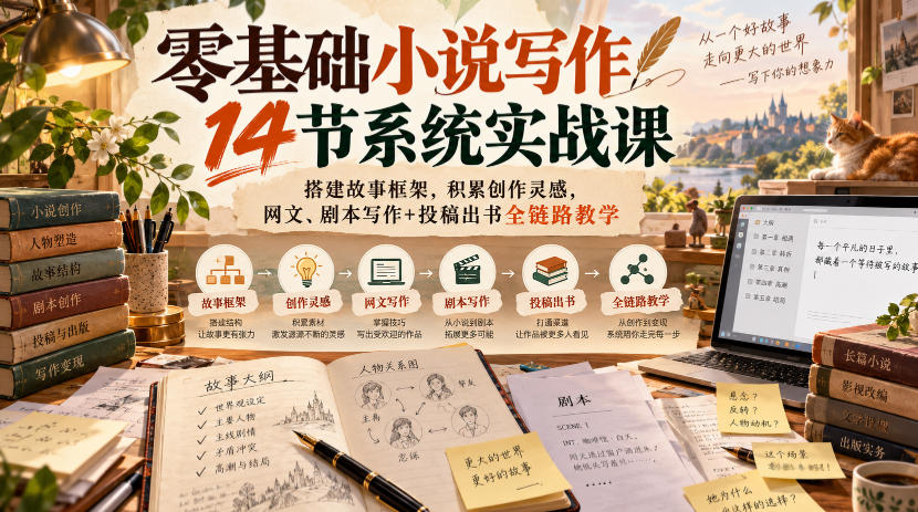 零基础小说写作14节系统实战课，搭建故事框架，积累创作灵感，网文、剧本写作+投稿出书全链路教学-LanTi云网创