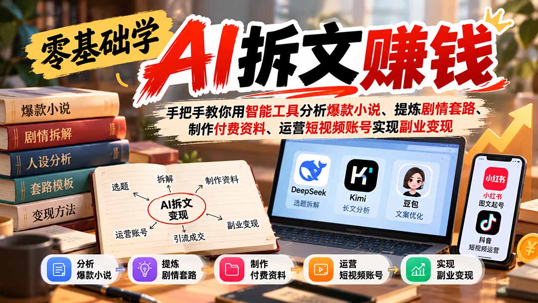 零基础学AI拆文赚钱：手把手教你用智能工具分析爆款小说、提炼剧情套路、制作付费资料、运营短视频账号实现副业变现-LanTi云网创