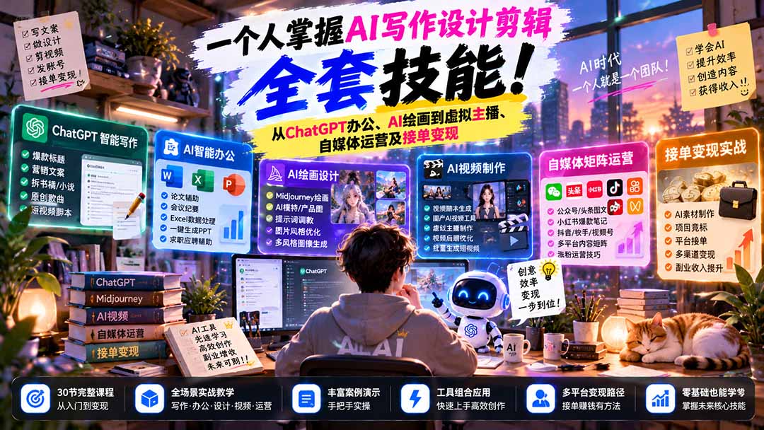 一个人掌握AI写作设计剪辑全套技能：从ChatGPT办公、AI绘画到虚拟主播、自媒体运营及接单变现-LanTi云网创