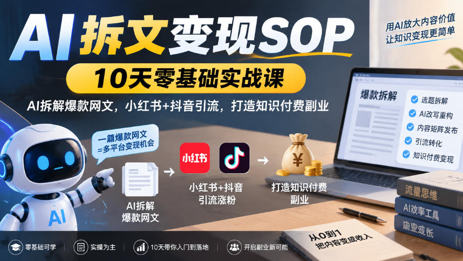 AI拆文变现SOP｜10天零基础实战课，AI拆解爆款网文，小红书+抖音引流，打造知识付费副业-LanTi云网创