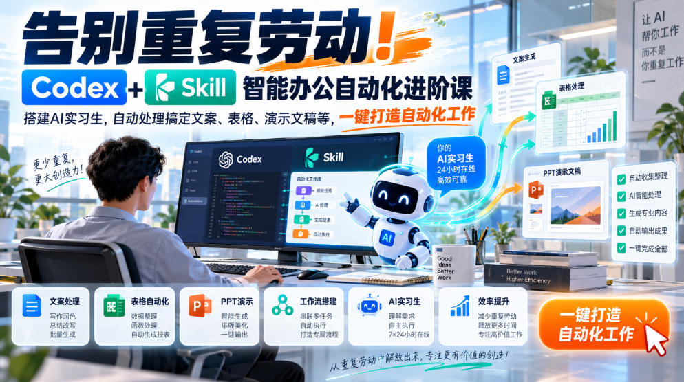 告别重复劳动！Codex+Skill智能办公自动化进阶课｜搭建AI实习生，自动处理搞定文案、表格、演示文稿等，一键打造自动化工作-LanTi云网创