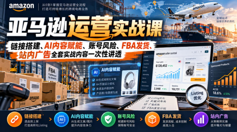 亚马逊运营实战课，链接搭建、AI内容赋能、账号风险、FBA发货、站内广告全套实战内容一次性讲透-LanTi云网创