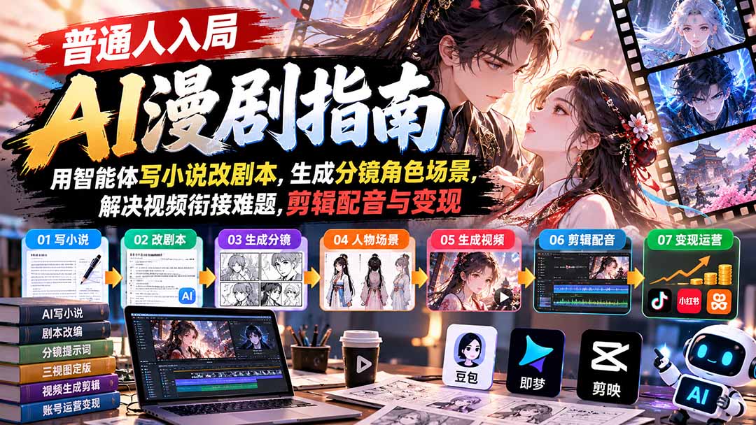 【无水印】普通人入局AI漫剧指南：用智能体写小说改剧本，生成分镜角色场景，解决视频衔接难题，剪辑配音与变现-LanTi云网创