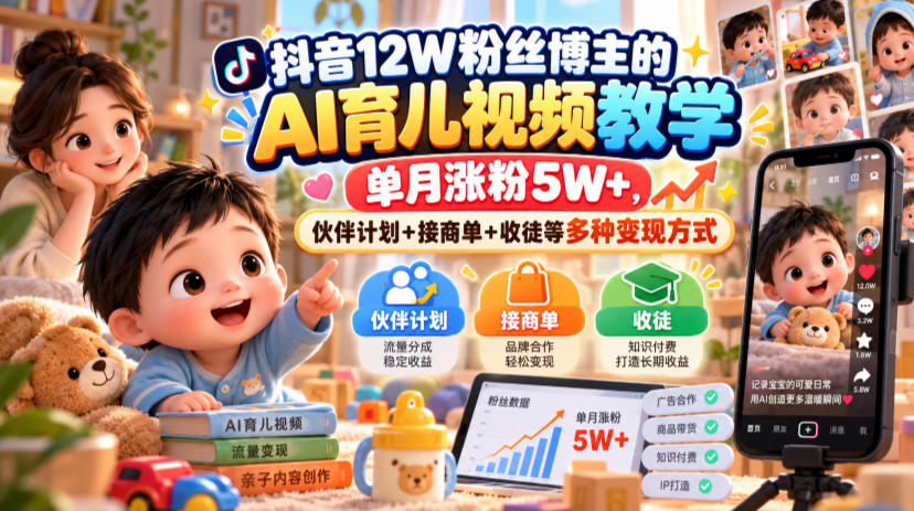 抖音12W粉丝博主的AI育儿视频教学，单月涨粉5W+，伙伴计划+接商单+收徒等多种变现方式-LanTi云网创