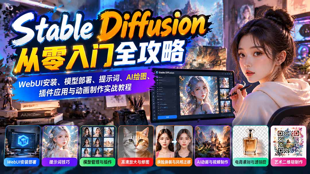 Stable Diffusion从零入门全攻略：WebUI安装、模型部署、提示词、AI绘图、插件应用与动画制作实战教程-LanTi云网创