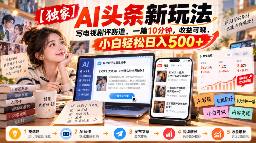 【独家】AI头条新玩法，写电视剧评赛道，一篇10分钟，收益可观，小白轻松日入500+-LanTi云网创