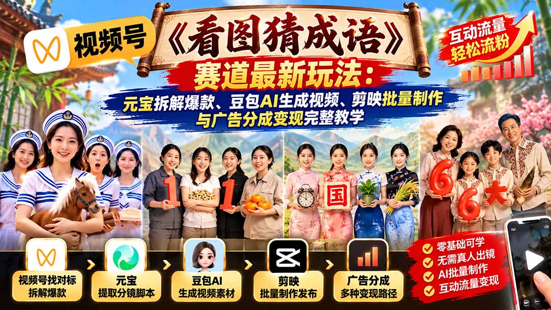 视频号《看图猜成语》赛道最新玩法：元宝拆解爆款、豆包AI生成视频、剪映批量制作与广告分成变现完整教学-LanTi云网创