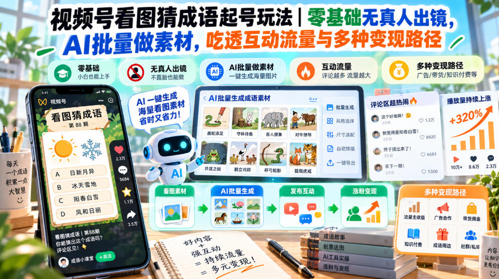 视频号看图猜成语起号玩法｜零基础无真人出镜，AI批量做素材，吃透互动流量与多种变现路径-LanTi云网创