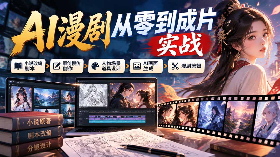 AI漫剧从零到成片实战：小说改编剧本、原创模仿创作、人物场景道具设计、AI画面生成与漫剧剪辑-LanTi云网创