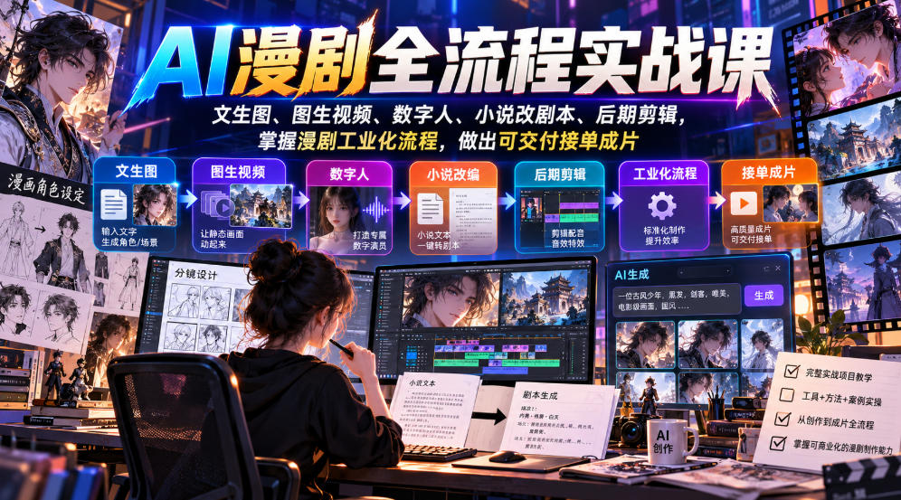 AI漫剧全流程实战课，文生图、图生视频、数字人、小说改剧本、后期剪辑，掌握漫剧工业化流程，做出可交付接单成片-LanTi云网创