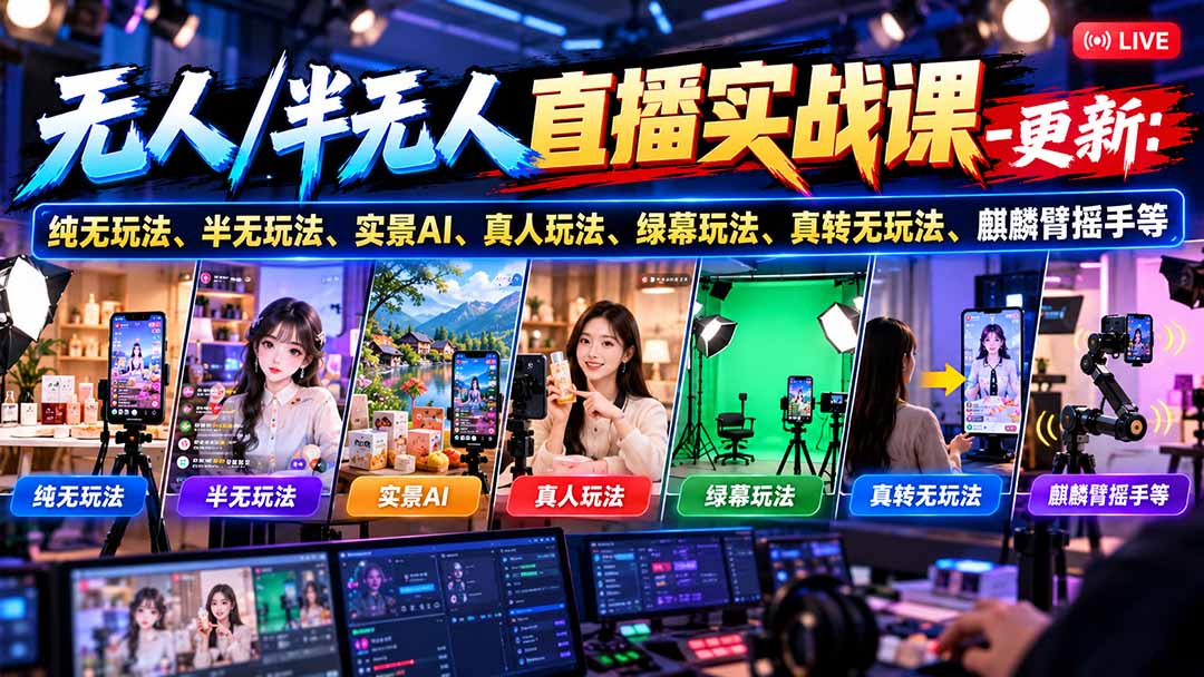 无人/半无人直播实战课-10月20更新：纯无玩法、半无玩法、实景AI、真人玩法、绿幕玩法、真转无玩法、麒麟臂摇手等-LanTi云网创