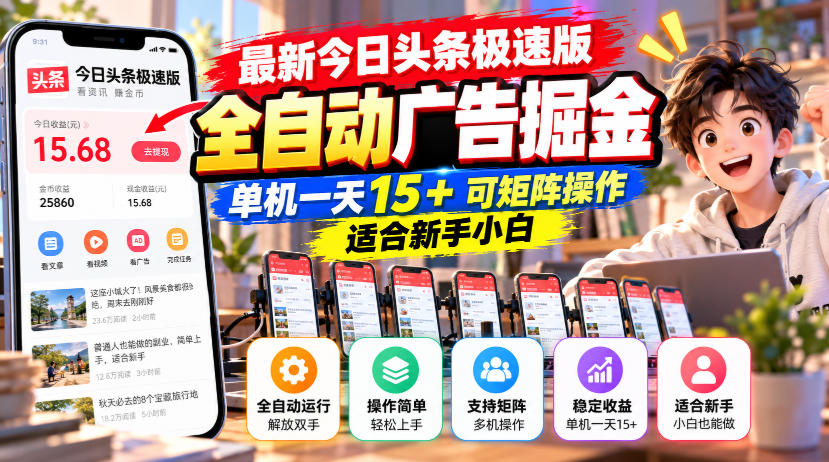 最新今日头条极速版全自动广告掘金，单机一天15+可矩阵操作适合新手小白-LanTi云网创