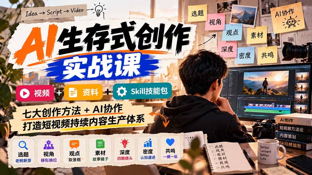 AI生存式创作实战课：视频+资料+Skill技能包，七大创作方法+AI协作，打造短视频持续内容生产体系-LanTi云网创