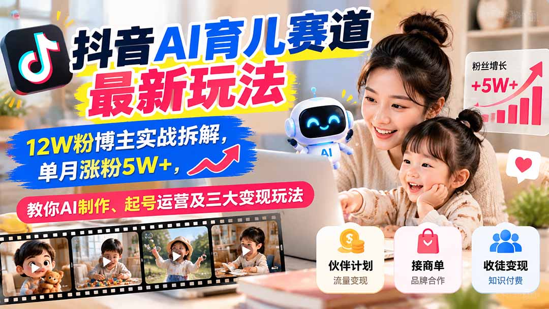 抖音AI育儿赛道最新玩法：12W粉博主实战拆解，单月涨粉5W+，教你AI制作、起号运营及三大变现玩法-LanTi云网创