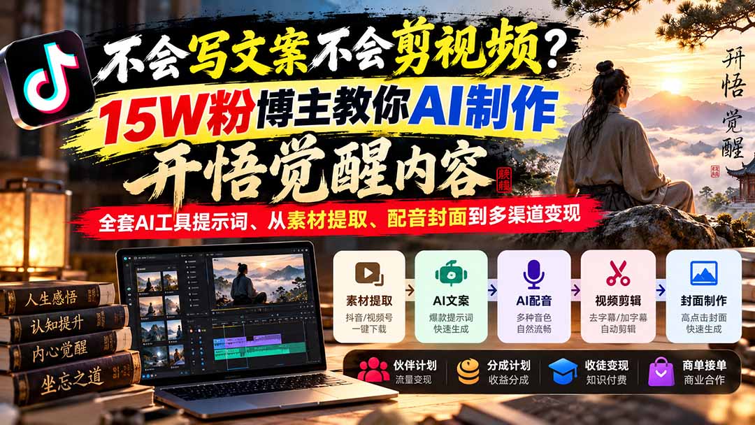 不会写文案不会剪视频？15W粉博主教你AI制作开悟觉醒内容，全套AI工具提示词、从素材提取、配音封面到多渠道变现-LanTi云网创