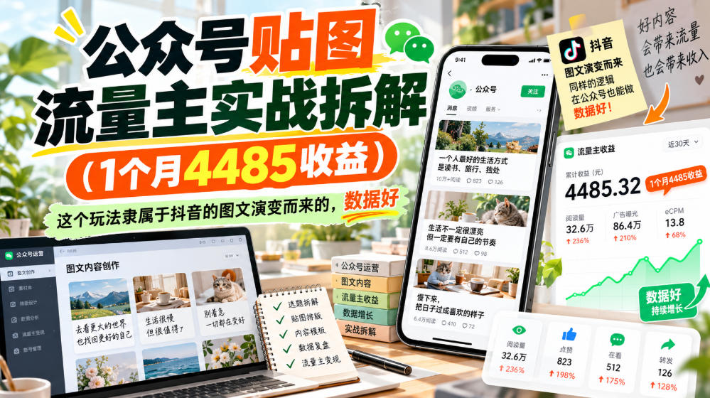 公众号贴图流量主实战拆解(1个月4485收益)，这个玩法隶属于抖音的图文演变而来的，数据好-LanTi云网创