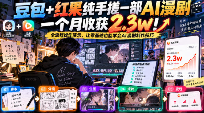 豆包+红果纯手搓一部AI漫剧一个月收获2.3w！全流程操作演示，让零基础也能学会AI漫剧制作技巧-LanTi云网创