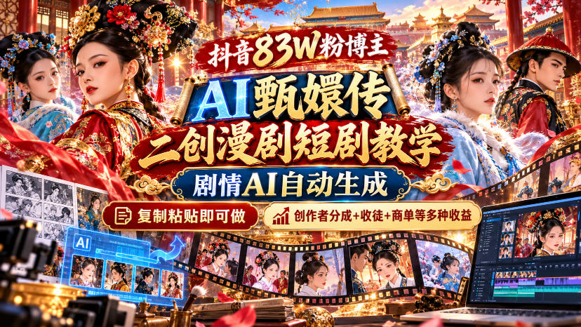 抖音83W粉博主AI甄嬛传二创漫剧短剧教学｜剧情AI自动生成，复制粘贴即可做，各大平台创作者分成+收徒等多种收益-LanTi云网创