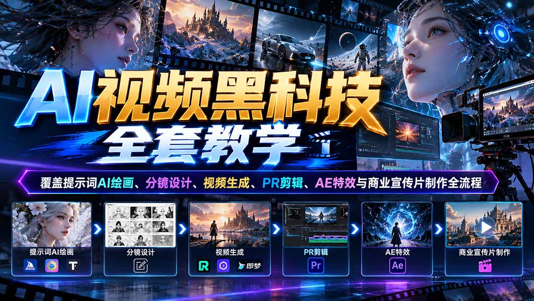 AI视频黑科技全套教学：覆盖提示词AI绘画、分镜设计、视频生成、PR剪辑、AE特效与商业宣传片制作全流程-LanTi云网创