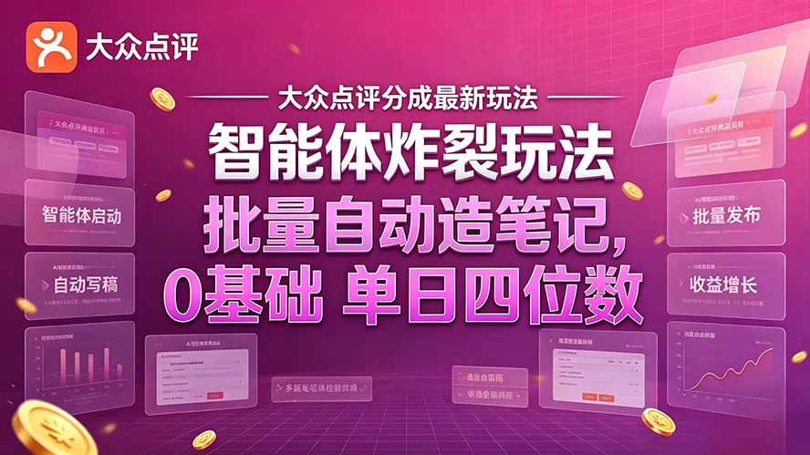 大众点评分成最新智能体炸裂玩法！批量自动造笔记，0基础干到单日四位数-LanTi云网创