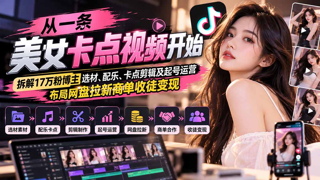 从一条美女卡点视频开始：拆解17万粉博主选材、配乐、卡点剪辑及起号运营，布局网盘拉新商单收徒变现-LanTi云网创