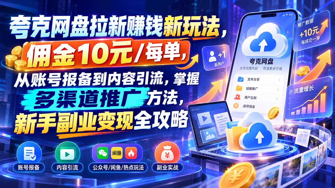 夸克网盘拉新赚钱新玩法，佣金10元/每单，从账号报备到内容引流，掌握多渠道推广方法，新手副业变现全攻略-LanTi云网创