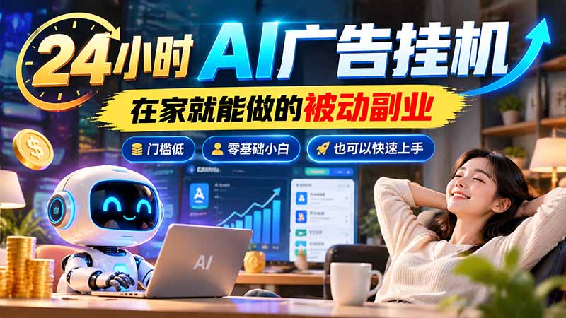 24小时AI广告挂机｜在家就能做的被动副业，门槛低，零基础小白也可以快速上手-LanTi云网创