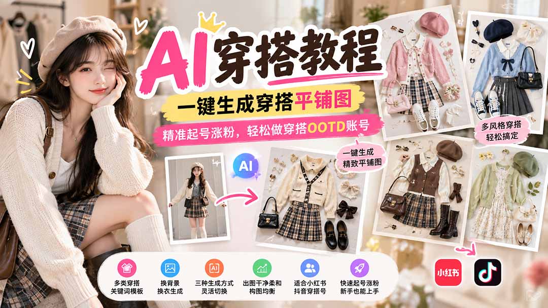 【无水印】AI穿搭教程｜一键生成穿搭平铺图，精准起号涨粉，轻松做穿搭OOTD账号-LanTi云网创