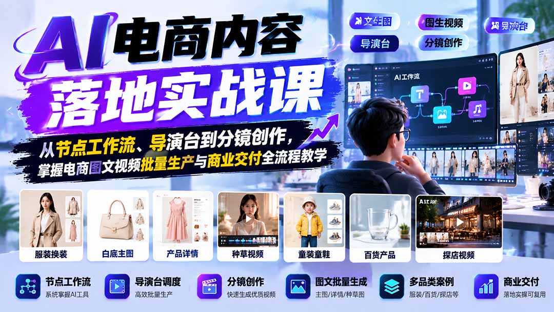 AI电商内容落地实战课：从节点工作流、导演台到分镜创作，掌握电商图文视频批量生产与商业交付全流程教学-LanTi云网创