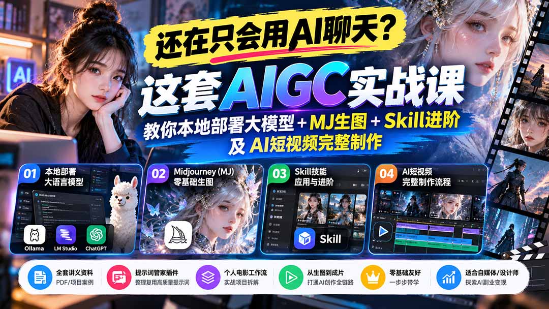 【无水印】还在只会用AI聊天？这套AIGC实战课教你本地部署大模型+MJ生图+Skill进阶及AI短视频完整制作-LanTi云网创