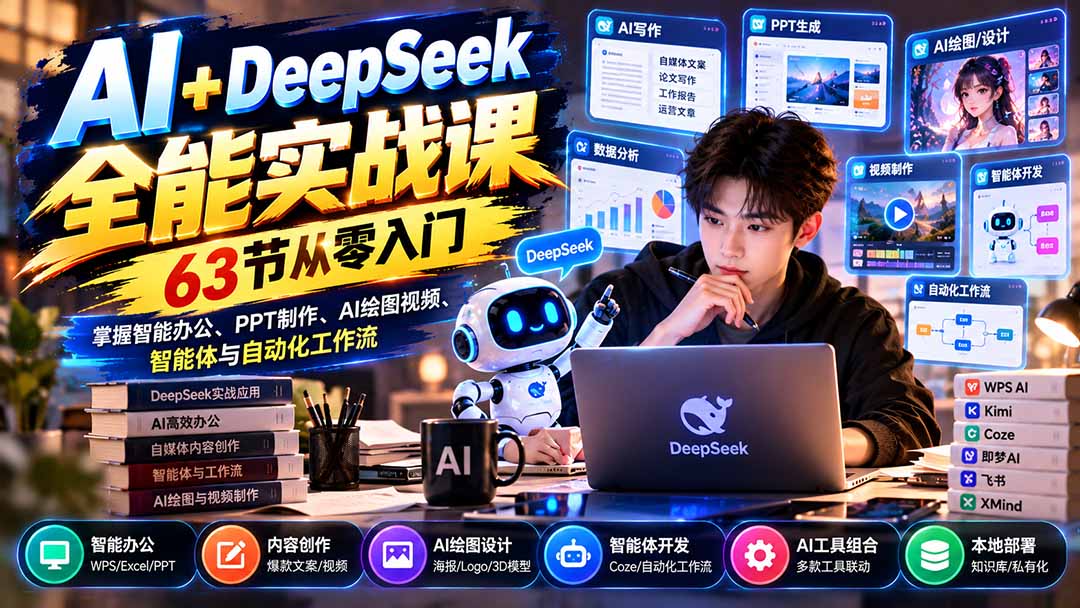 AI+DeepSeek全能实战课：63节从零入门，掌握智能办公、PPT制作、AI绘图视频、智能体与自动化工作流-LanTi云网创