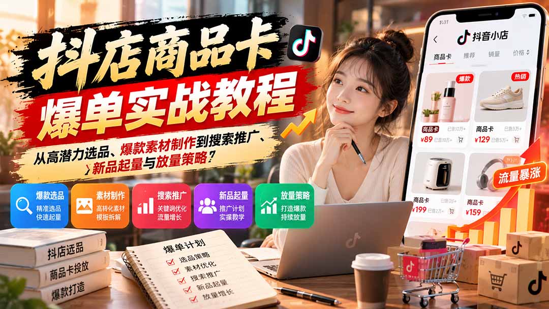 抖店商品卡爆单实战教程：从高潜力选品、爆款素材制作到搜索推广、新品起量与放量策略-LanTi云网创