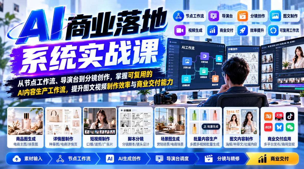 【无水印】AI商业落地系统实战课，从节点工作流、导演台到分镜创作，掌握可复用的AI内容生产工作流，提升图文视频制作效率与商业交付能力-LanTi云网创