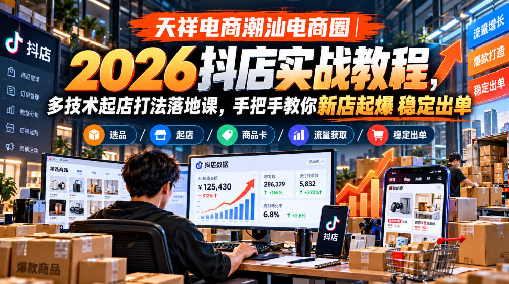 天祥电商潮汕电商圈｜2026抖店实战教程，多技术起店打法落地课，手把手教你新店起爆稳定出单-LanTi云网创