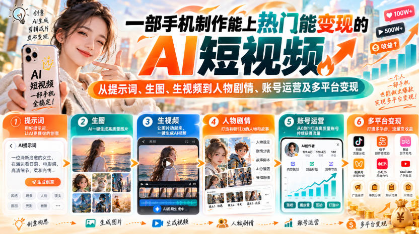 【无水印】一部手机制作能上热门能变现的AI短视频，从提示词、生图、生视频到人物剧情、账号运营及多平台变现(更新)-LanTi云网创