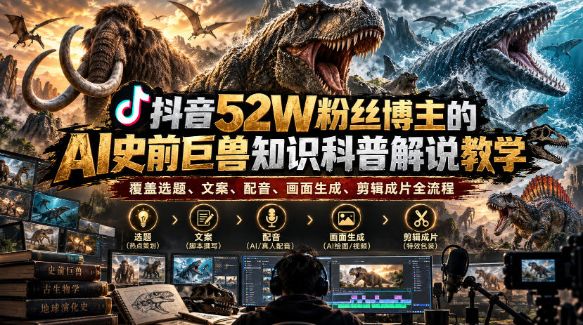 抖音52W粉丝博主的AI史前巨兽知识科普解说教学，覆盖选题、文案、配音、画面生成、剪辑成片全流程-LanTi云网创