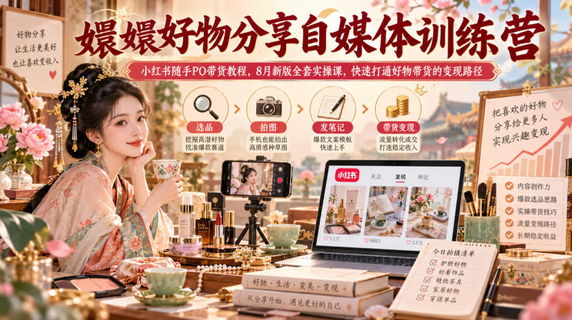 嬛嬛好物分享自媒体训练营｜小红书随手PO带货教程，8月新版全套实操课，快速打通好物带货的变现路径-LanTi云网创