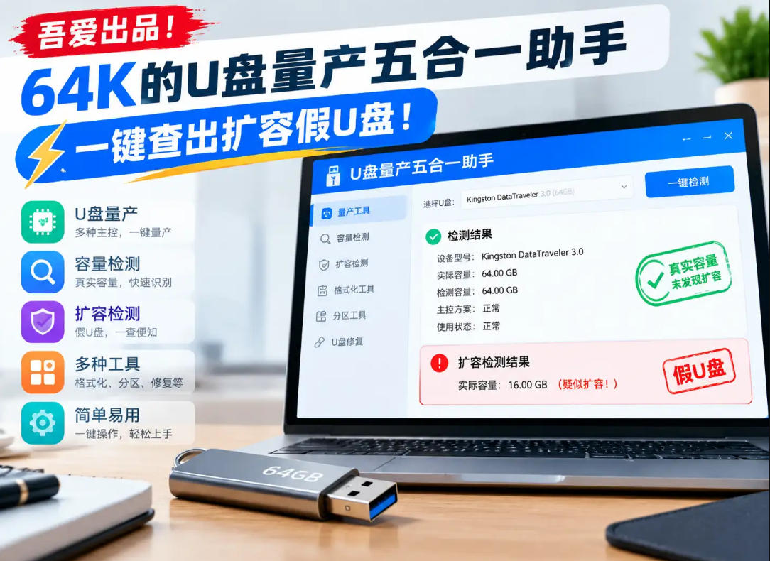 吾爱出品！64K的U盘量产五合一助手，一键查出扩容假U盘！-LanTi云网创