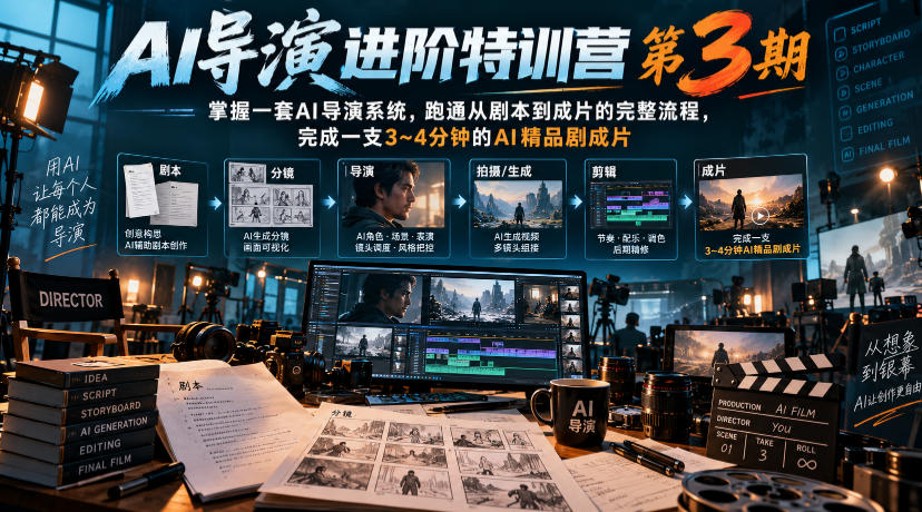 AI导演进阶特训营第3期，掌握一套AI导演系统，跑通从剧本到成片的完整流程，完成一支3~4分钟的AI精品剧成片(附1、2期)-LanTi云网创