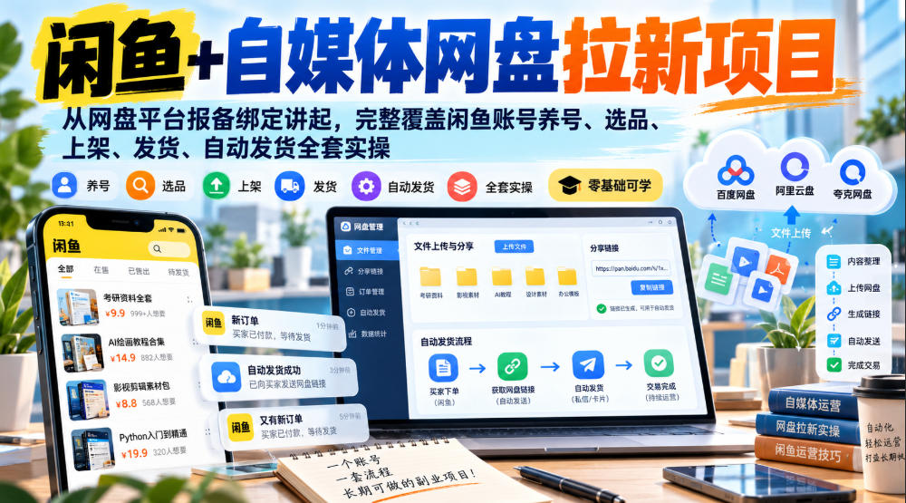 闲鱼+自媒体网盘拉新项目，从网盘平台报备绑定讲起，完整覆盖闲鱼账号养号、选品、上架、发货、自动发货全套实操-LanTi云网创