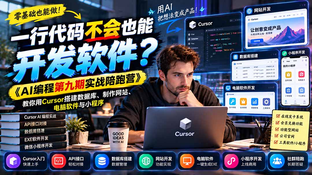一行代码不会也能开发软件？《AI编程第九期实战陪跑营》教你用Cursor搭建数据库、制作网站、电脑软件与小程序-LanTi云网创