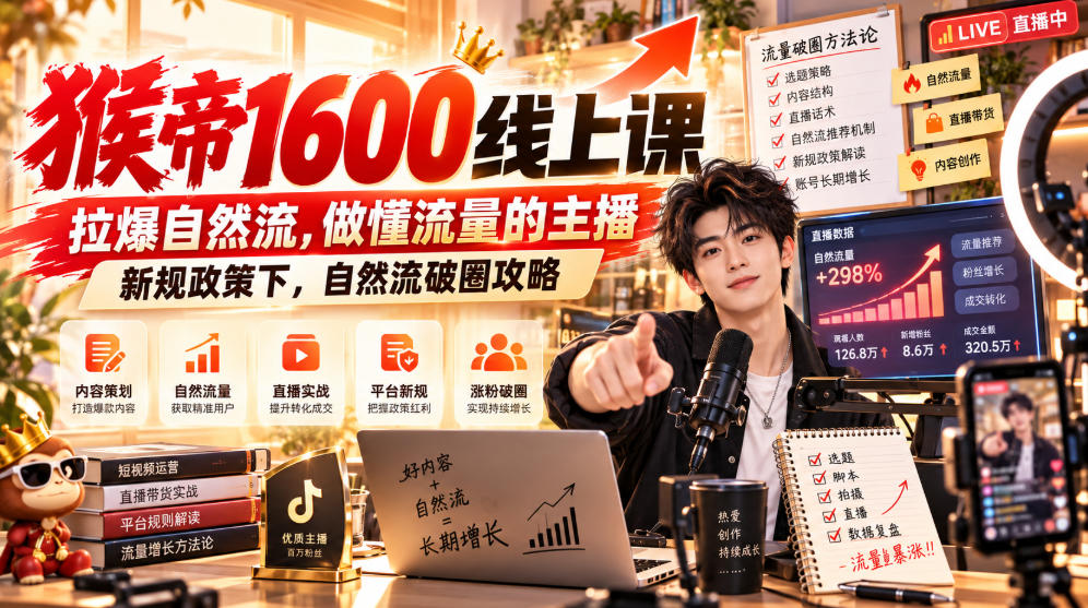 猴帝1600线上课，拉爆自然流，做懂流量的主播，新规政策下，自然流破圈攻略【更新261023】-LanTi云网创