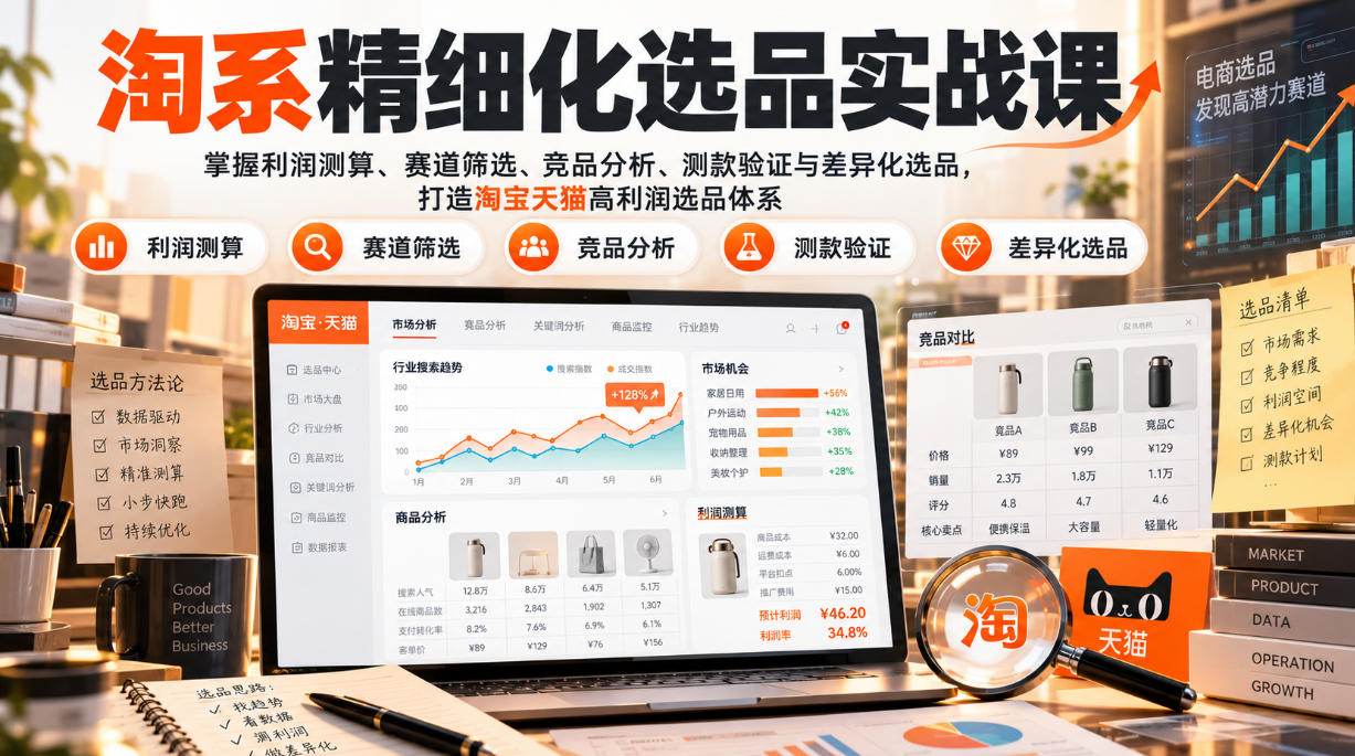 货架电商精细化选品实战课：掌握利润测算、赛道筛选、竞品分析、测款验证与差异化选品，打造淘宝天猫高利润选品体系-LanTi云网创