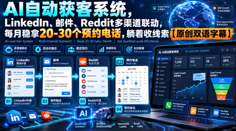 【无水印】AI自动获客系统，LinkedIn、邮件、Reddit多渠道联动，每月稳拿20-30个预约电话，躺着收线索【原创双语字幕】-LanTi云网创
