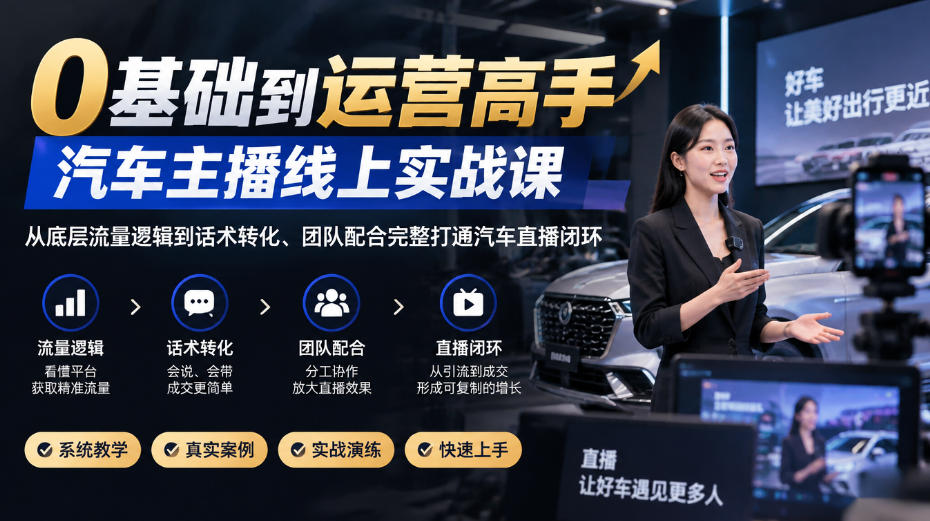 0基础到运营高手，汽车主播线上实战课，从底层流量逻辑到话术转化、团队配合完整打通汽车直播闭环-LanTi云网创