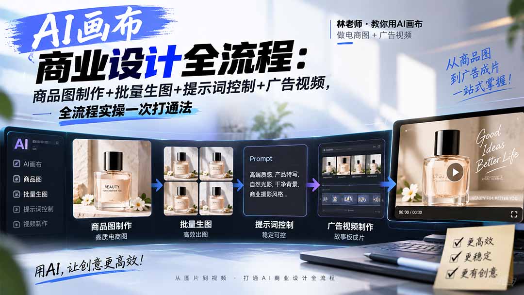 AI画布商业设计全流程-更新1026：商品图制作+批量生图+提示词控制+广告视频，全流程实操一次打通法-LanTi云网创