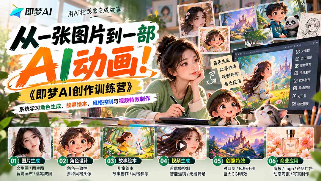 【无水印】从一张图片到一部AI动画！《即梦AI创作训练营》系统学习角色生成、故事绘本、风格控制与视频特效制作-LanTi云网创