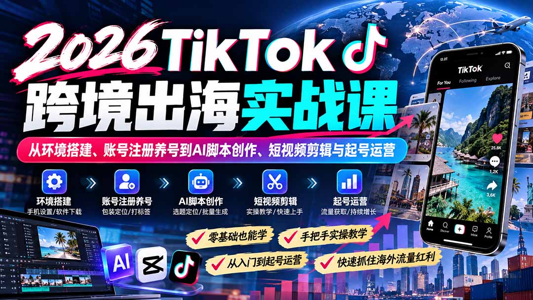 2026TikTok跨境出海实战课：从环境搭建、账号注册养号到AI脚本创作、短视频剪辑与起号运营-LanTi云网创